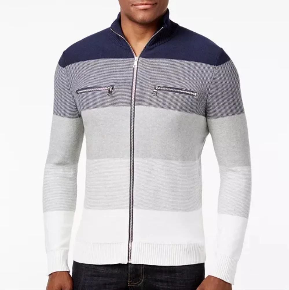 I.N.C. Men's Copperfield Striped Zip-Front Colorblock Gray Sweater Size XL